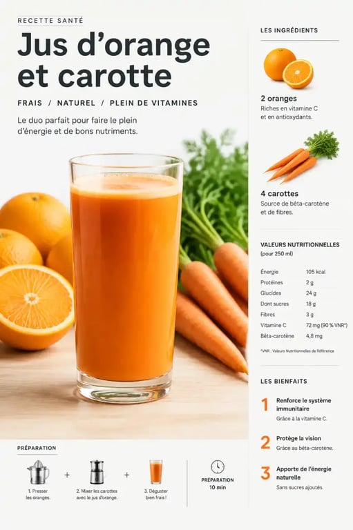 Jus de fruits maison préparé avec un Thermomix, présenté dans un grand verre avec des oranges et carottes fraîches
