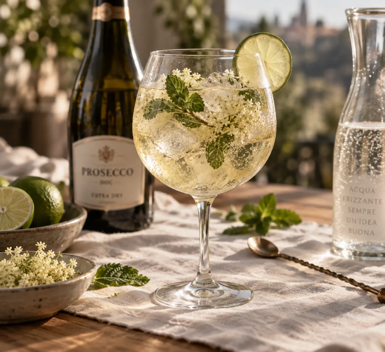 Hugo spritz recette : verre Prosecco avec bulles et sureau
