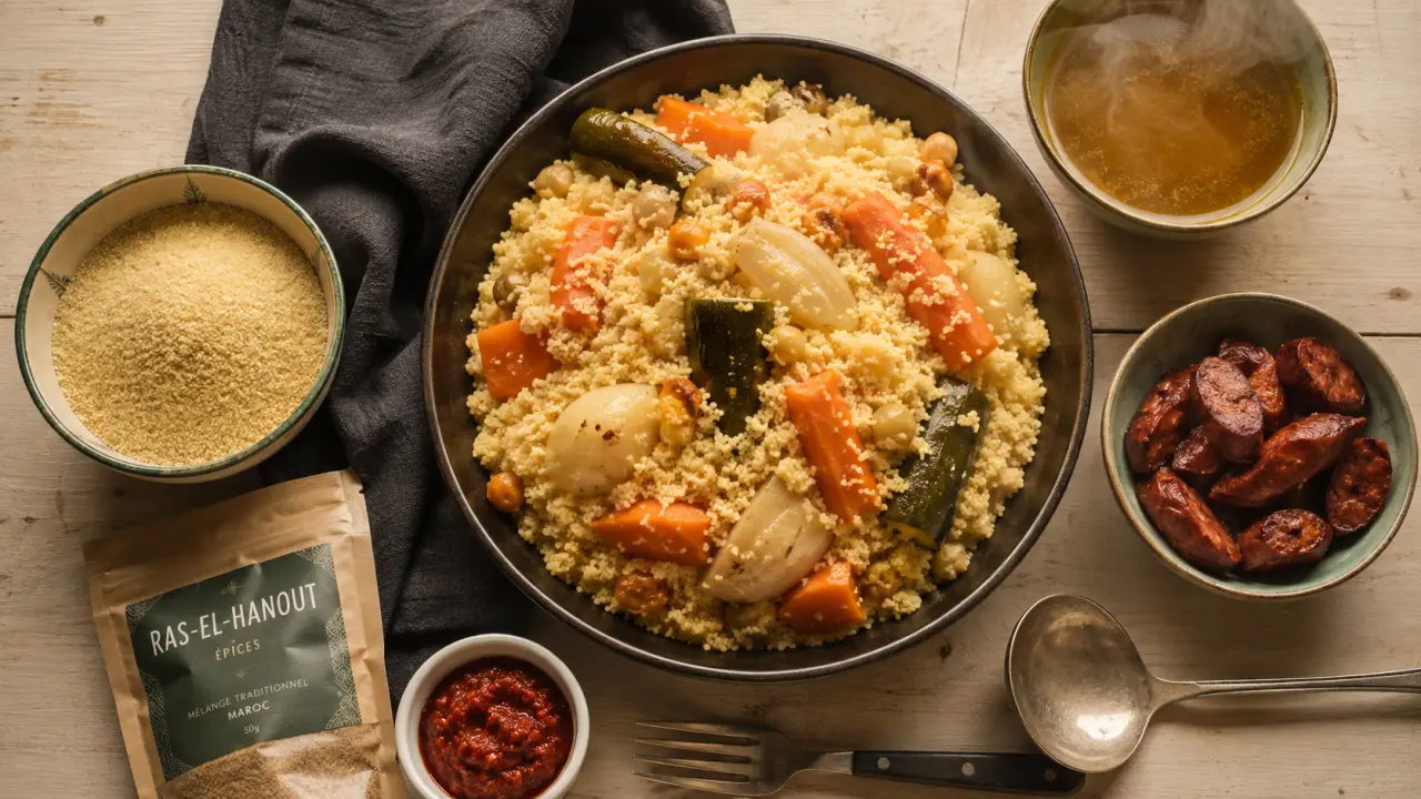 Recette du couscous poulet merguez : semoule, légumes et merguez, cuisson en deux temps